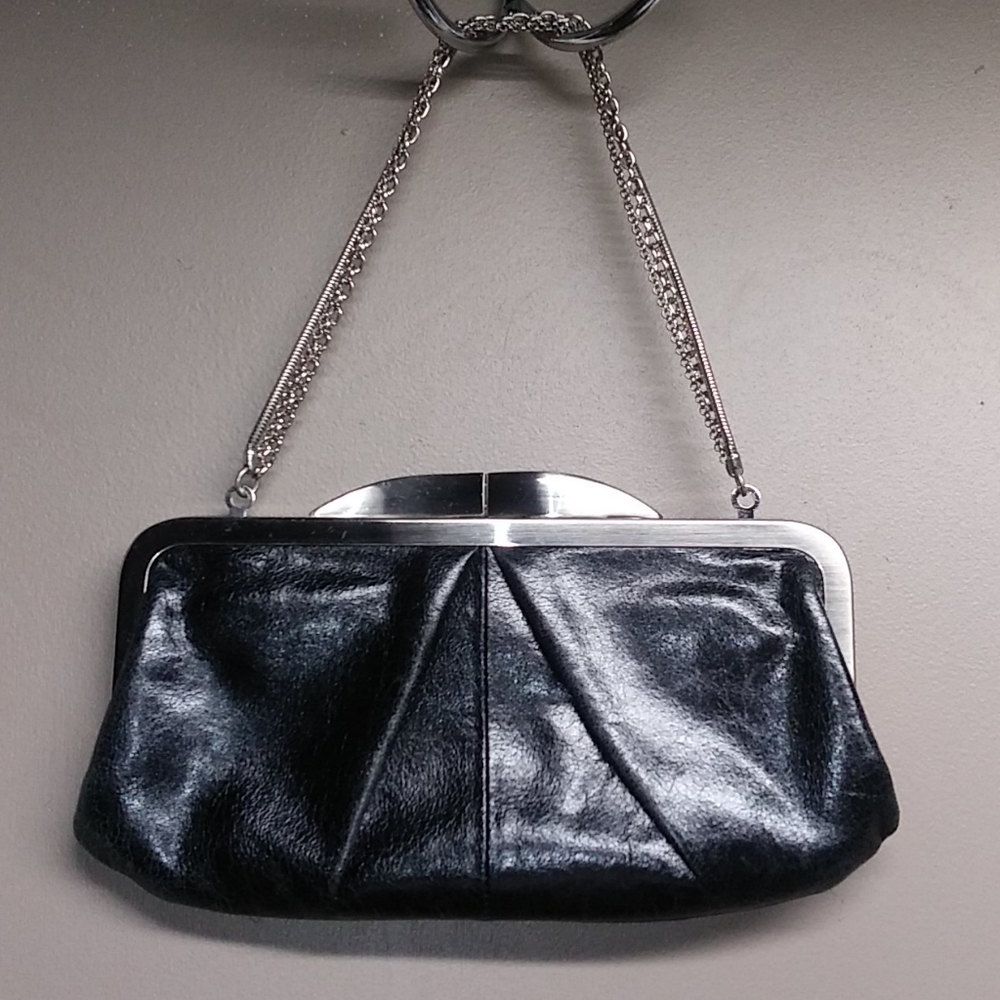 HOBO Black Leather Clutch with Silver Frame & Chain